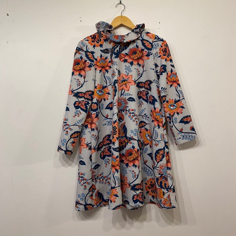 Tuckernuck Floral Ruffle Neck Back Tie Mini Dress Preppy Orange Blue Size M
